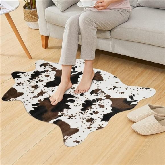 Cow Print Rug Faux Cowhide Area Carpet Animal Print Mat for Living Room Bedroom - Picture 3 of 6